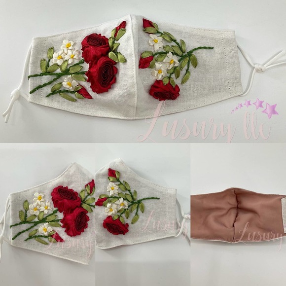 Red Rose Embroidery Passport Wallet & Silk Mask, Wedding Gift,Versatile Washable - Picture 10 of 16